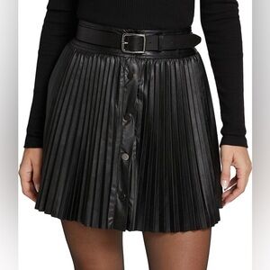 Ramy Brook Black Mini Skater Skirt Anya Vegan Leather Pleated Button